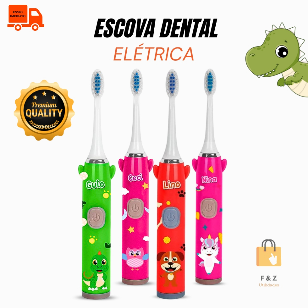 Escova de Dente Infantil Elétrica Com  Refil Cerdas Macias Escova Dental Temporizador 2 Minutos À Pilha
