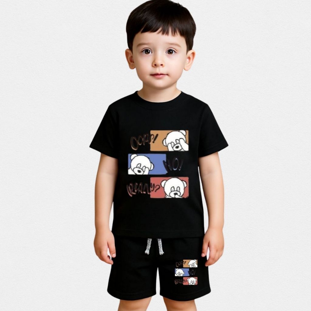 Conjunto Infantil Menino Camiseta + Bermuda Casual Confortável  Estampa Ursinho