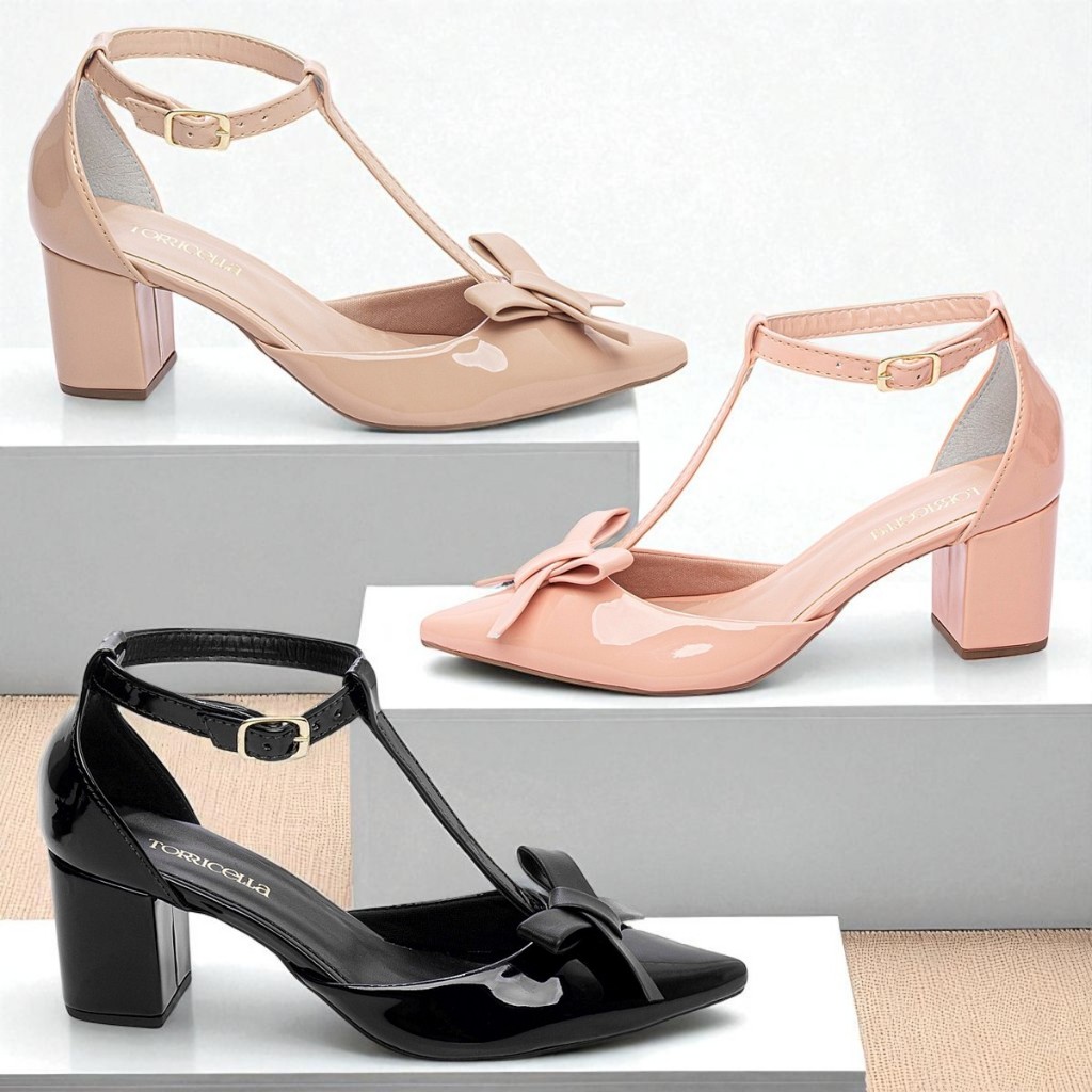 Sapato Scarpin Feminino Salto Baixo Grosso 6cm Salomé Aberto Lateral Fivela Laço Elegante Torricella