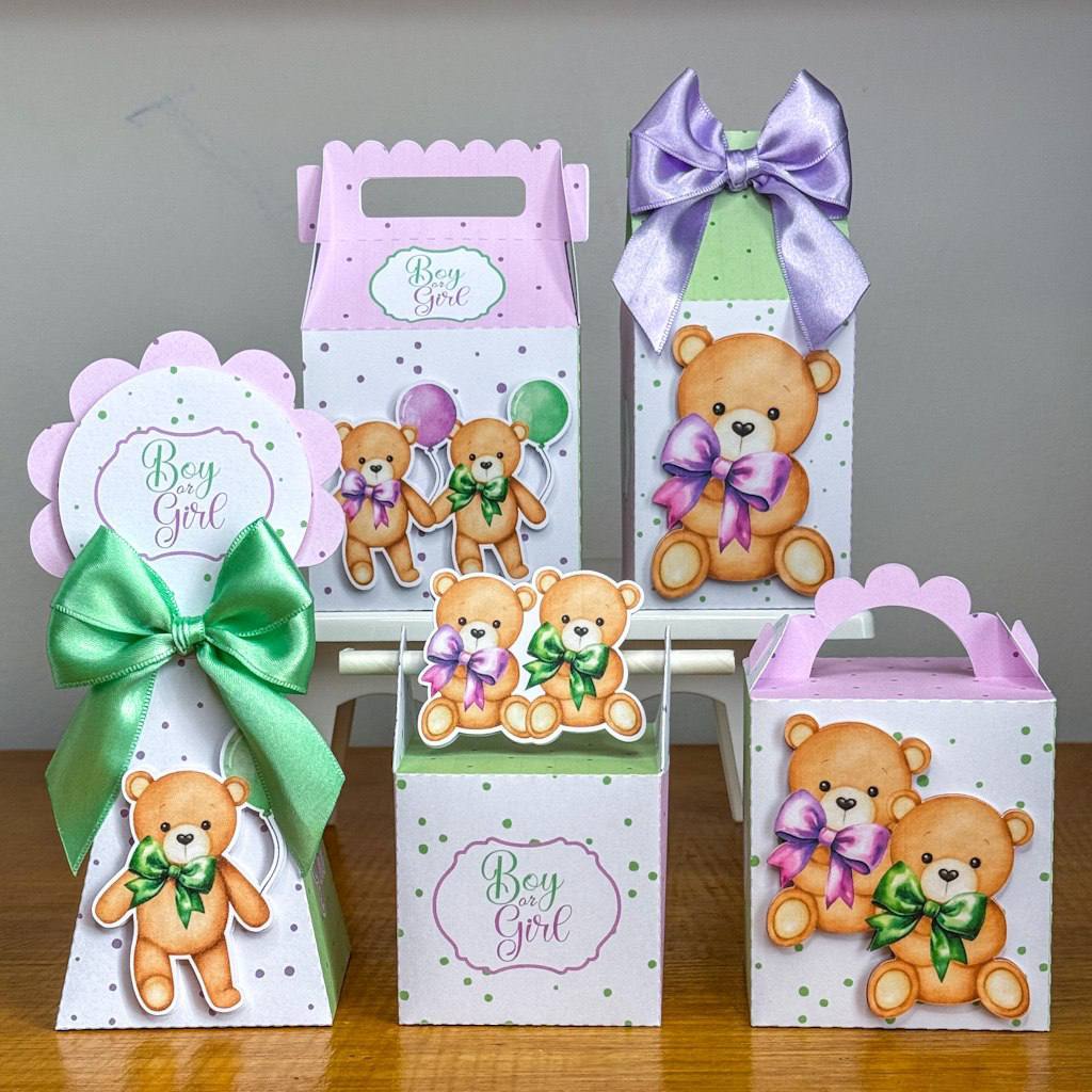 KIT FESTA cha revelaçao LILAS E VERDE Personalizado pegue e Monte Lembrancinhas - Aniversário - Caixinha Personalizada