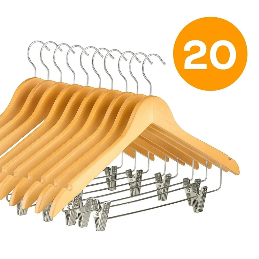 Kit 20 Cabides Madeira Presilha Marfim Envernizado Premium Adulto Saia Vestido Calça Bermuda