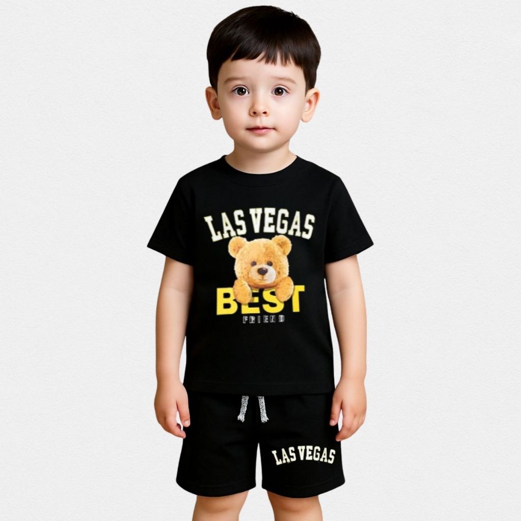 Look Infantil Menino Verão Conjunto Camiseta Estampada e Bermuda Casual Estampa Los Angeles Ursinho