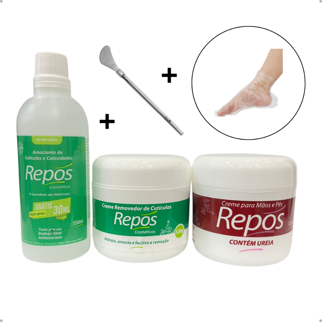 Kit Spa Dos Pés Repós Amaciante 150ML+Uréia + Removedor + Espátula Calosidade  + 10 Botas Plásticas