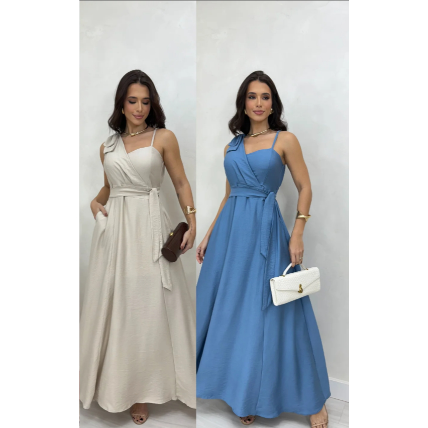 Vestido Longo em Tecido Duna linho com Laço no Ombro Único e Regulador do Outro Lado, com ...