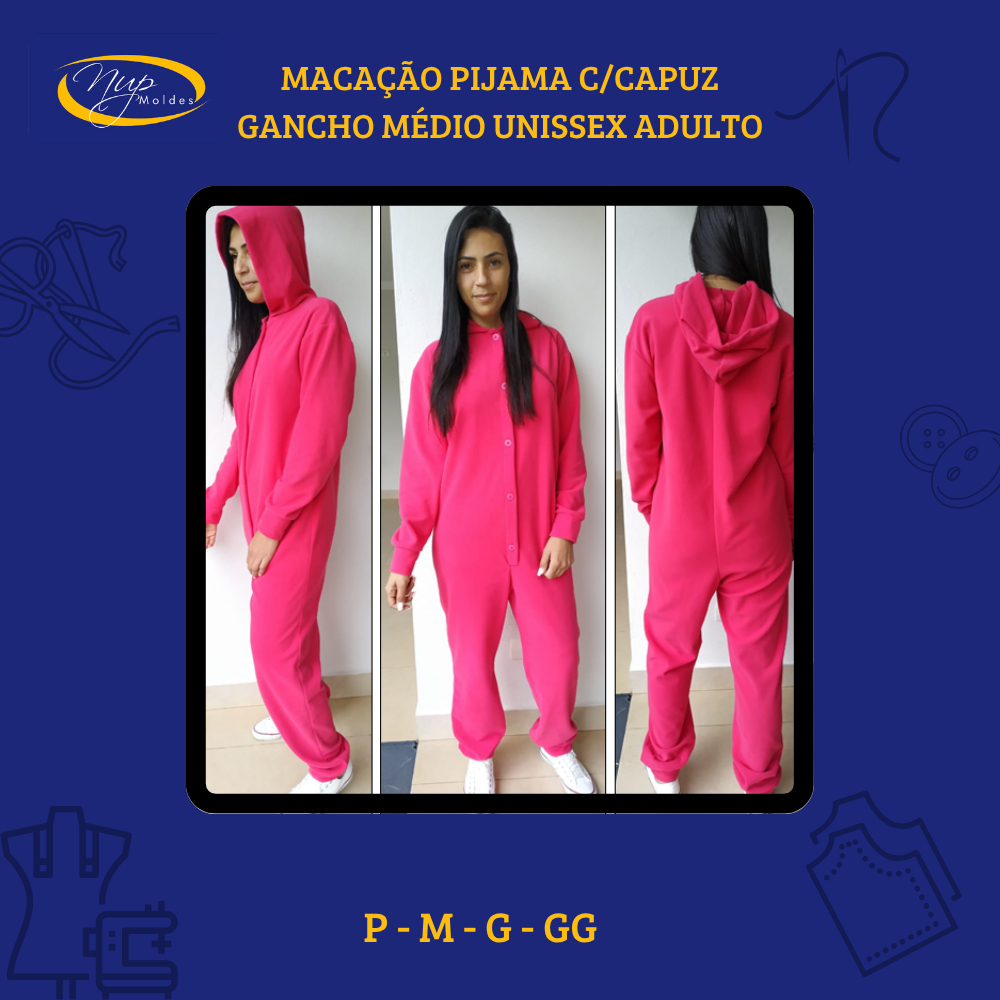 Molde de Roupa Kit Modelagem Macacão Pijama C/ Capuz Gancho Médio Unissex Adulto P - M - G - GG