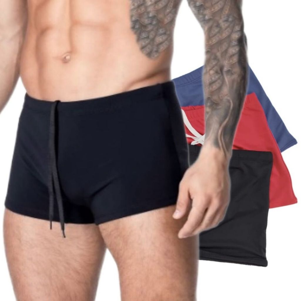 Sunga Boxer Masculina Forrada Com Proteção UV+50 Cores Lisas Preta, Azul e Vermelha