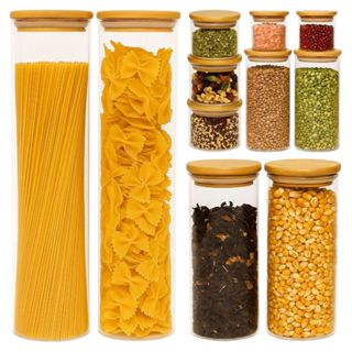 Kit 11 Potes Herméticos de Vidro com Tampa de Bambu para Cozinha Mantimentos Alimentos em Oferta na Shopee