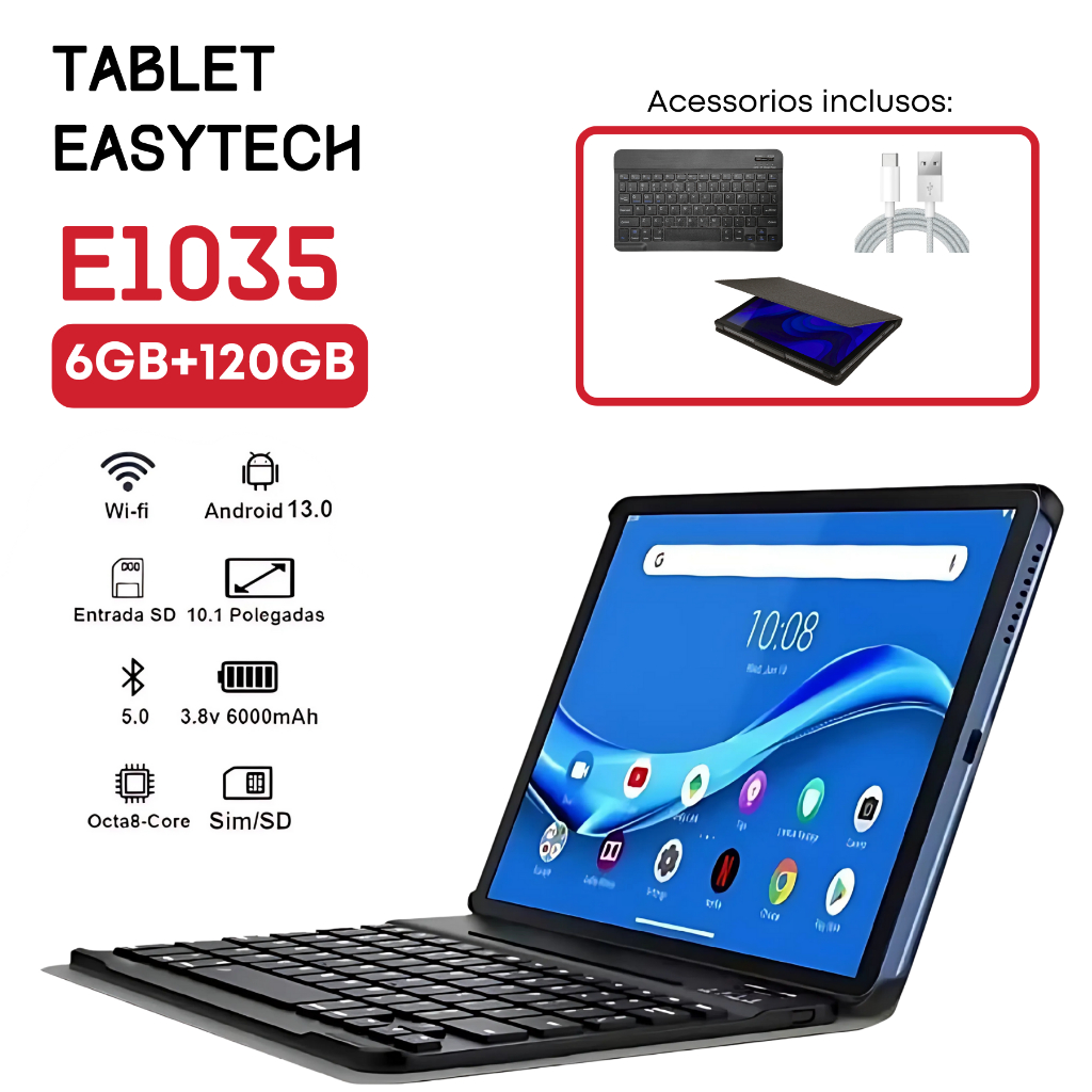Tablet easytech E1035 com Dual sim 6gb Ram 128gb Teclado Capa 10,1 polegadas Para Estudo E Trabalho - Mobile & Gadgets