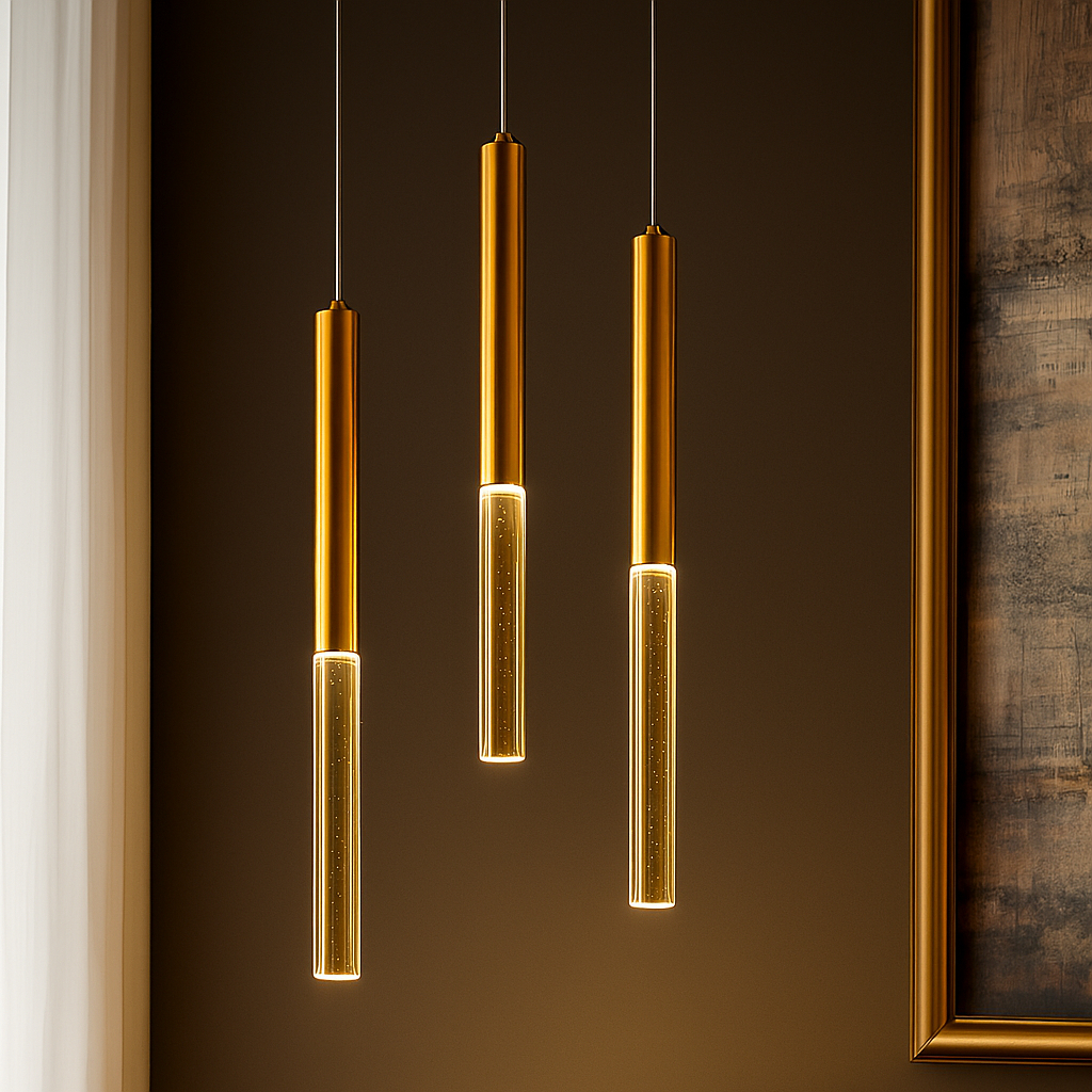 Kit 3 Luminárias Pendentes Dourado Tubo Cristal LED 3 em 1 p/ Sala Lavabo Hall Decoração L...