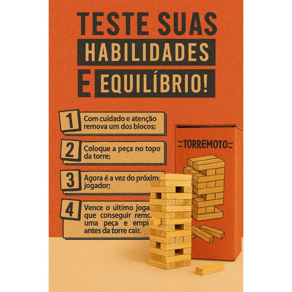 Jogo Caiu Perdeu Torre de Madeira 54 Peças Desenvolve Coordenação Motora Brinquedo