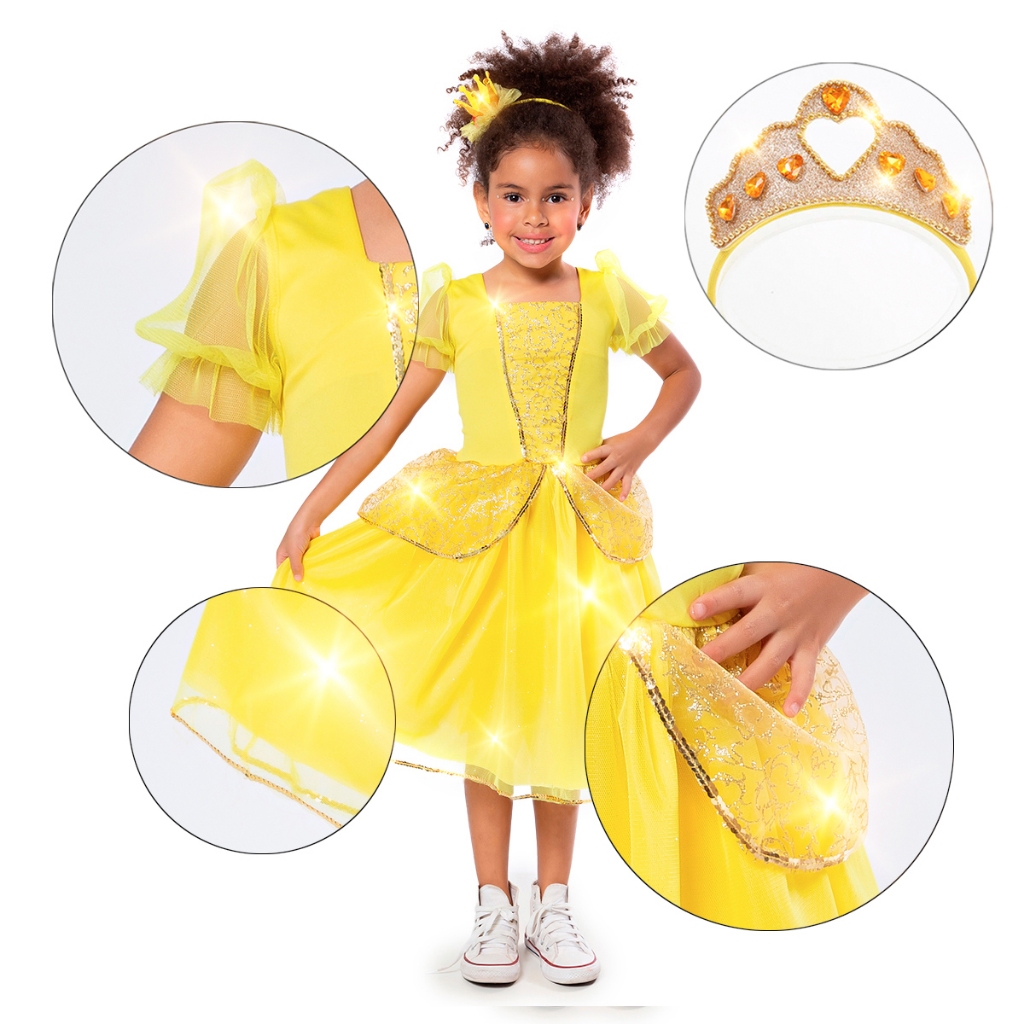 Fantasia Princesa Bela Infantil Luxo Brilhante + BRINDE TIARA COROA BRILHANTE Daminha Florista