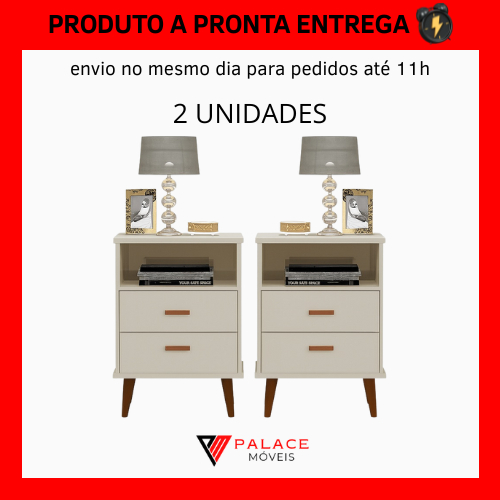 Kit 2 Mesa De Cabeceira italia Com Nicho Para Quarto 2 Gavetas Retrô Cor - Off White