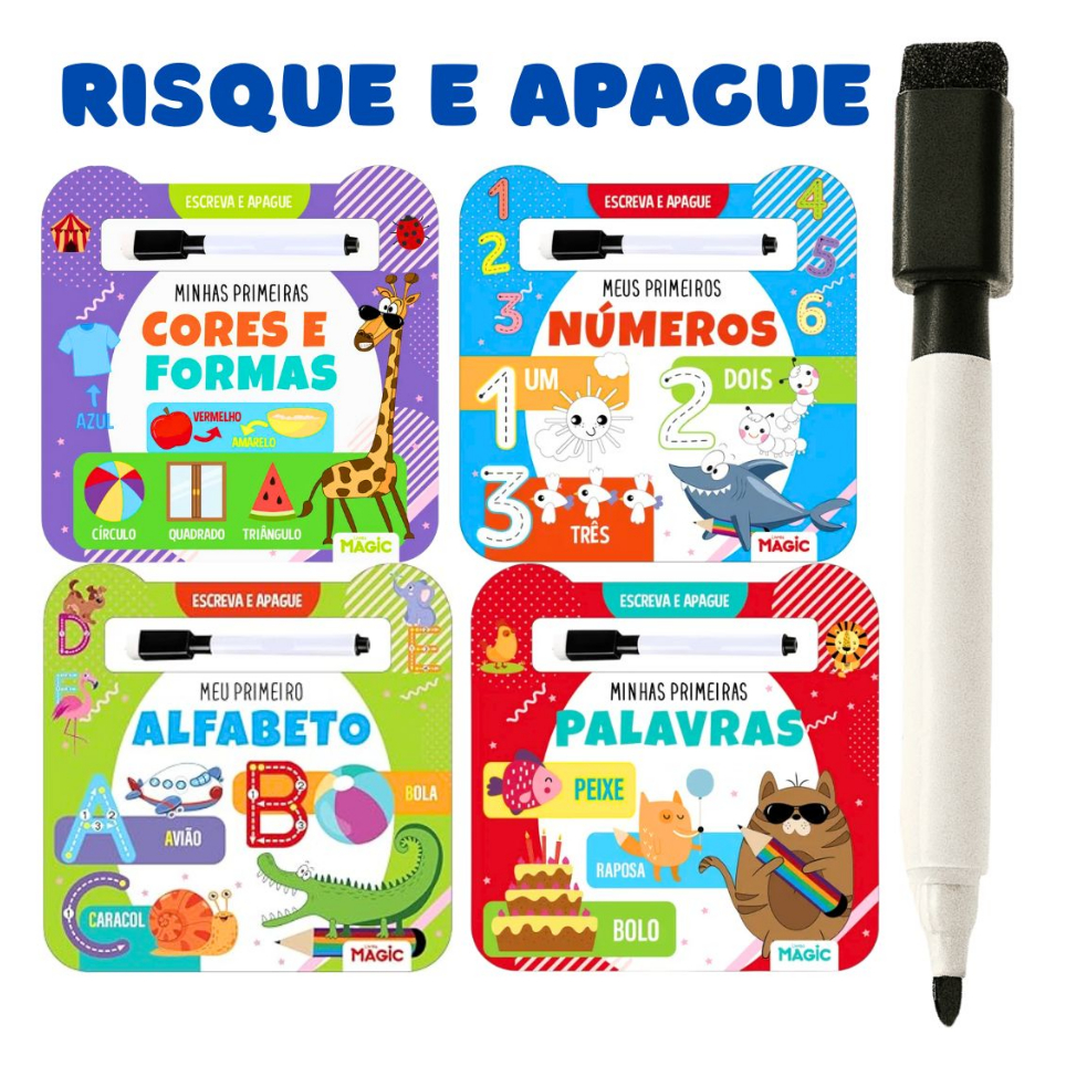Kit 4 Livro de Atividade Caligrafia Letra Cursiva Infantil Com Caneta Mágica Escreva E Apague
