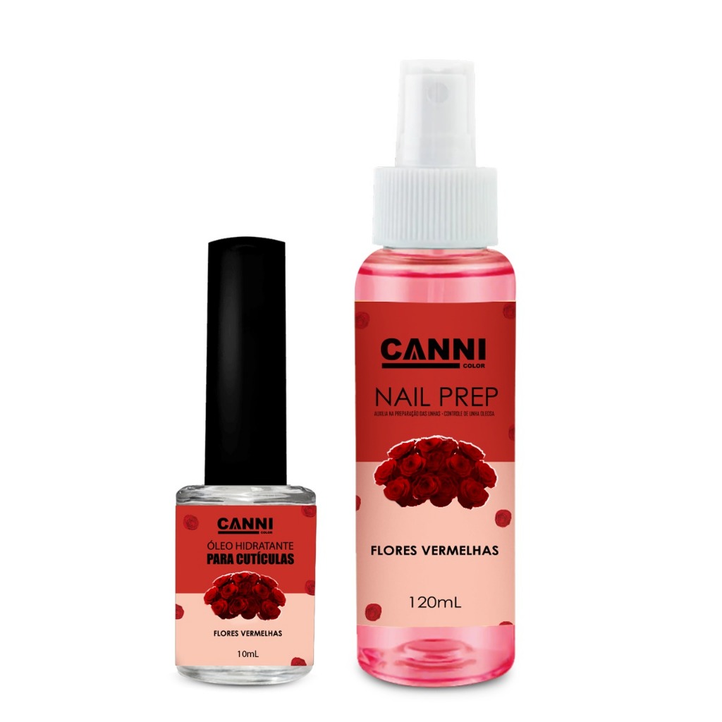 Kit 1 nail prep higienizador 120ml e 1 óleo de cuticula 10ml canni color Flores Vermelhas