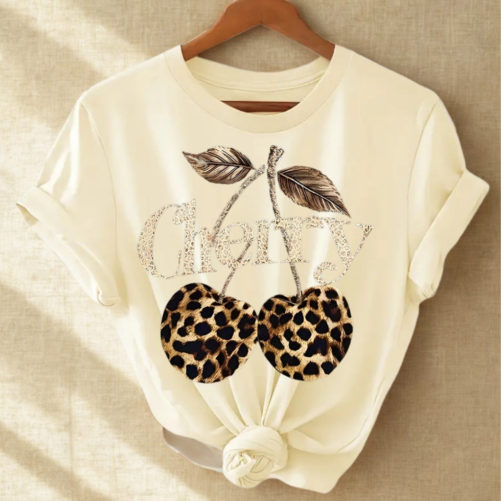 Camiseta Feminina T-shirt Versátil Estampada Cereja Onça Casual em Oferta na Shopee