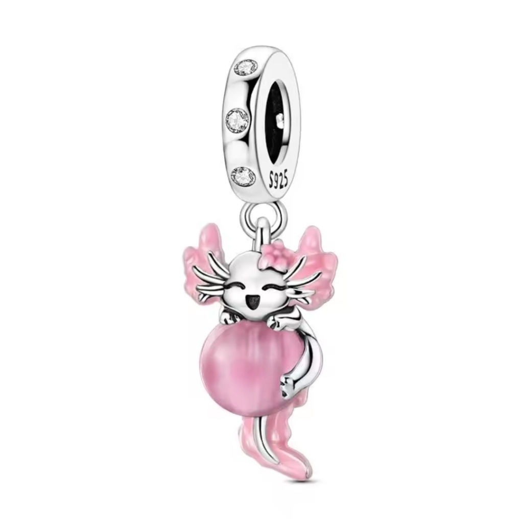 Berloque Pingente Prata Mini Axolote Rosa Salamandra Zoológico Para Pulseira Bracelete Animal Fofo