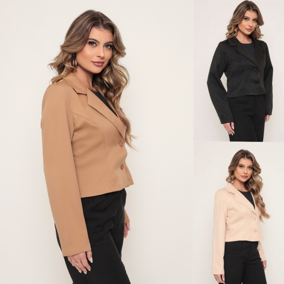 Blazer feminina liza curto de alfaiataria poliester com botao