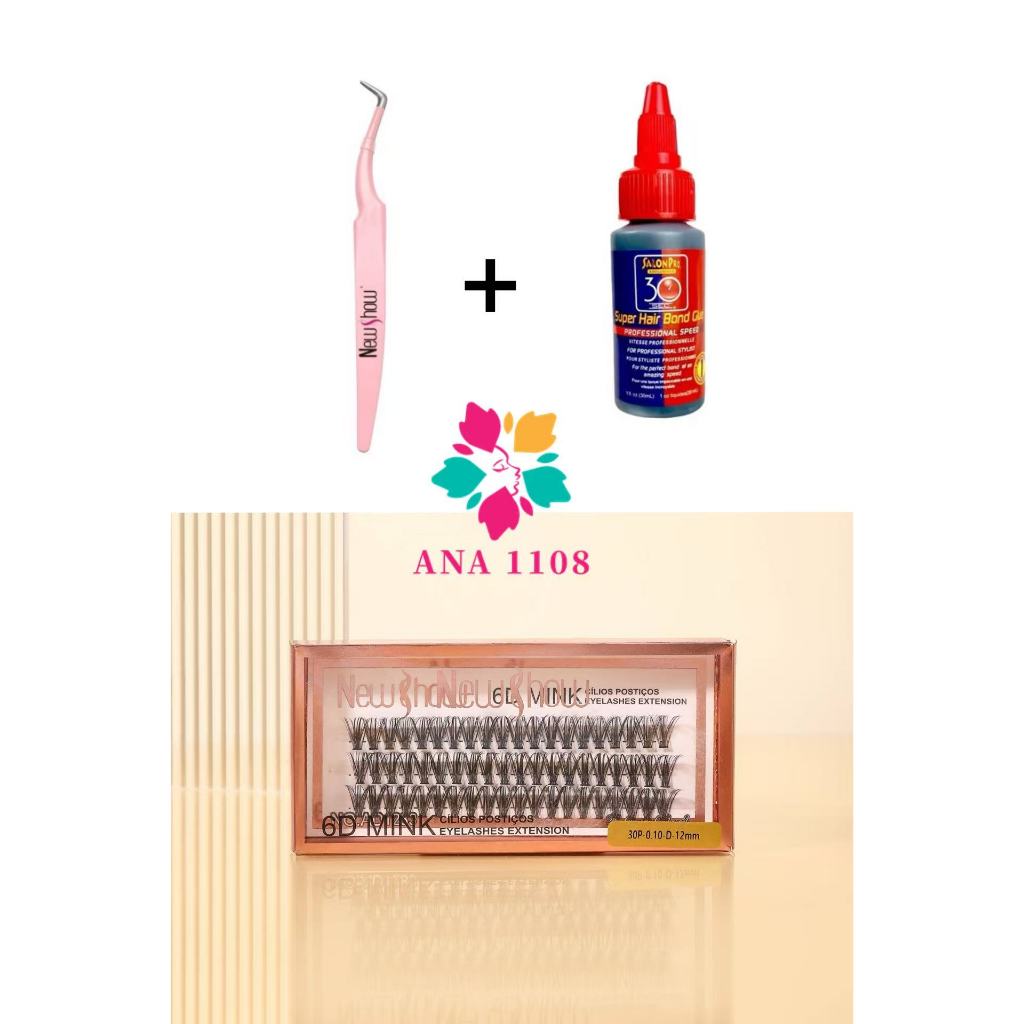 NewShow Super Cola 30ml Salon Pro + Pinça Vetus + Caixa Com Cílios postiços 6D MINK 30P - Tufos Sem nó