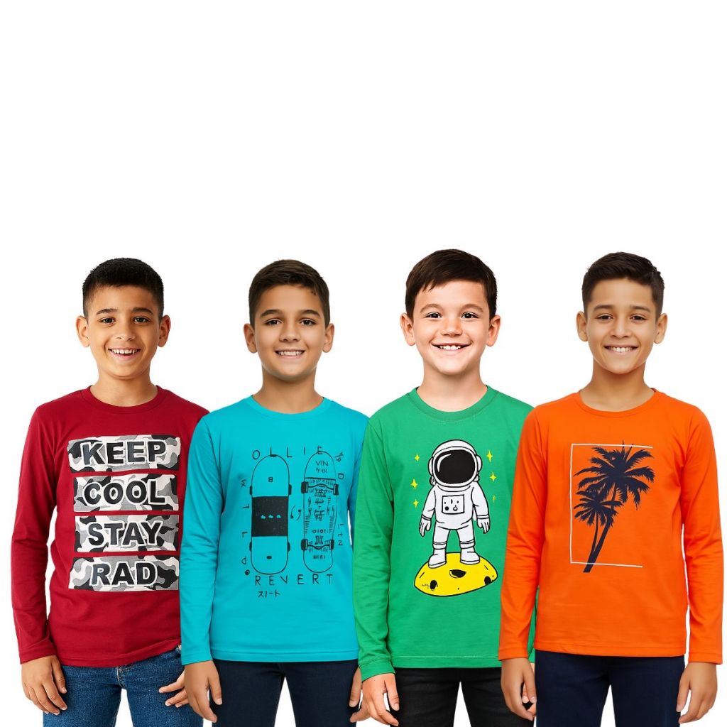 Kit 4 Camiseta Infantil Manga Longa Menino Estampada | Blusa Algodão Casual | Look Inverno Infantil