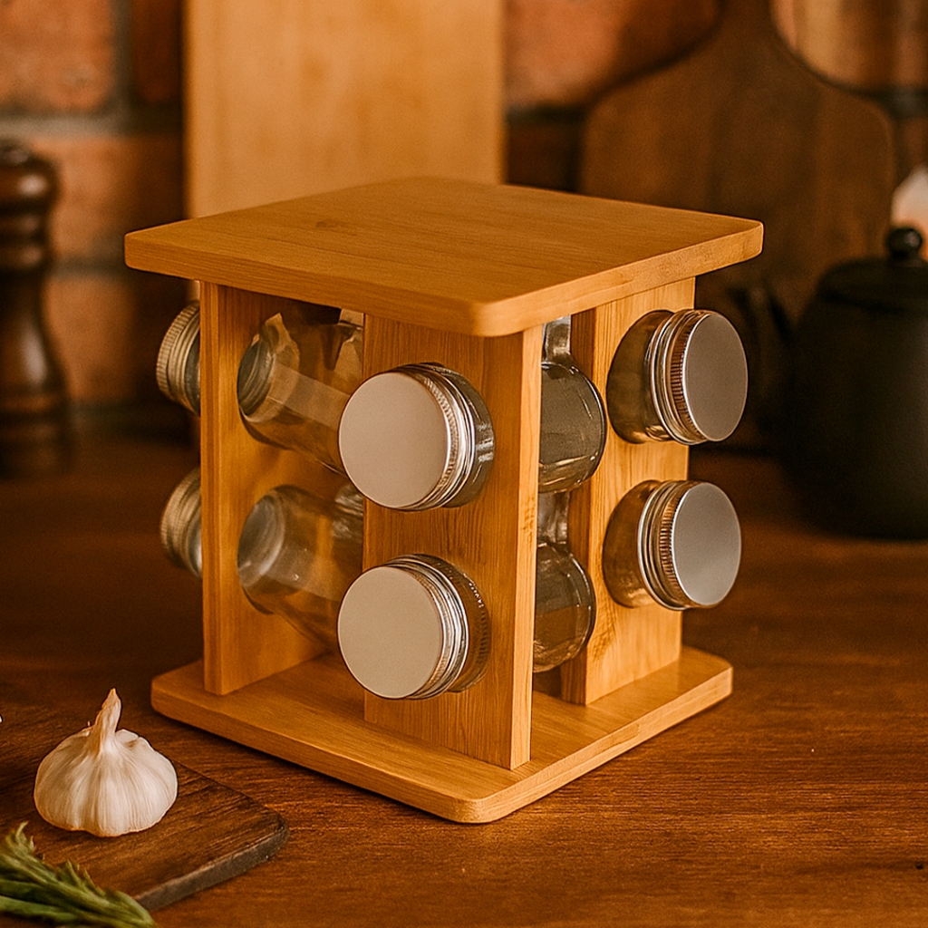 Porta Condimentos Giratório Organizador Temperos 8 Peças Bambu