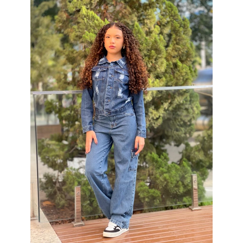Kit Calça Jeans Cargo + Jaqueta Moda Teen Infanto Juvenil 8 ao 16 anos Premium Menina — imagem 2 de 2