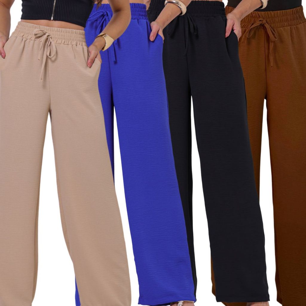 Calça Duna Feminina Duna Cintura Alta Tecido Confortável Wid Leg Com Bolso