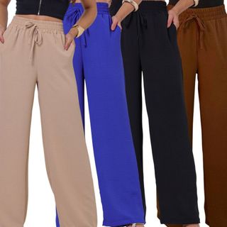 Kit 2 ou 1 Calça Duna Feminina Duna Cintura Alta Tecido Confortável Wid Leg Com Bolso Pantalona Elástico Cos Alto
