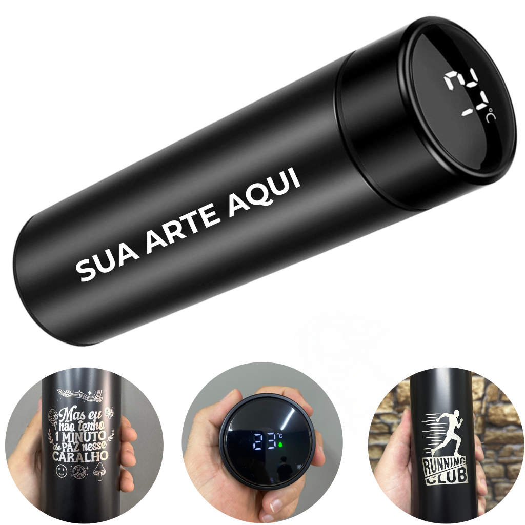 Garrafa 500ml LED Personalizada nome, logo, time Inox Inteligente Medidor de Temperatura Digital