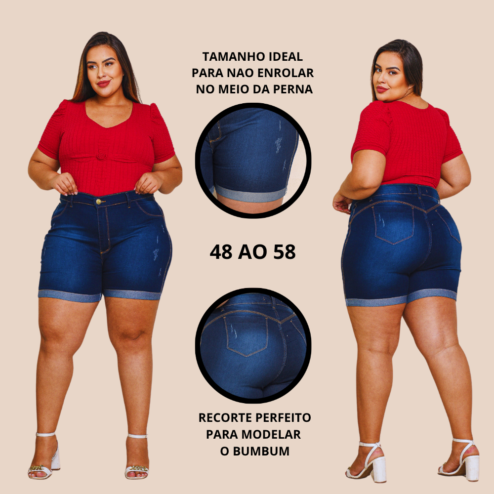 Bermuda Meia Coxa jeans feminina plus size elastano premium cintura alta lycra strech curve em Oferta na Shopee