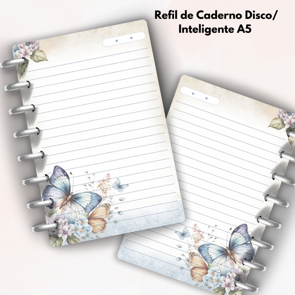 Refil de 100 Folhas A5/14.8X21CM 8 Furos para Caderno Inteligente/Disco Personalizada Borboleta Azul