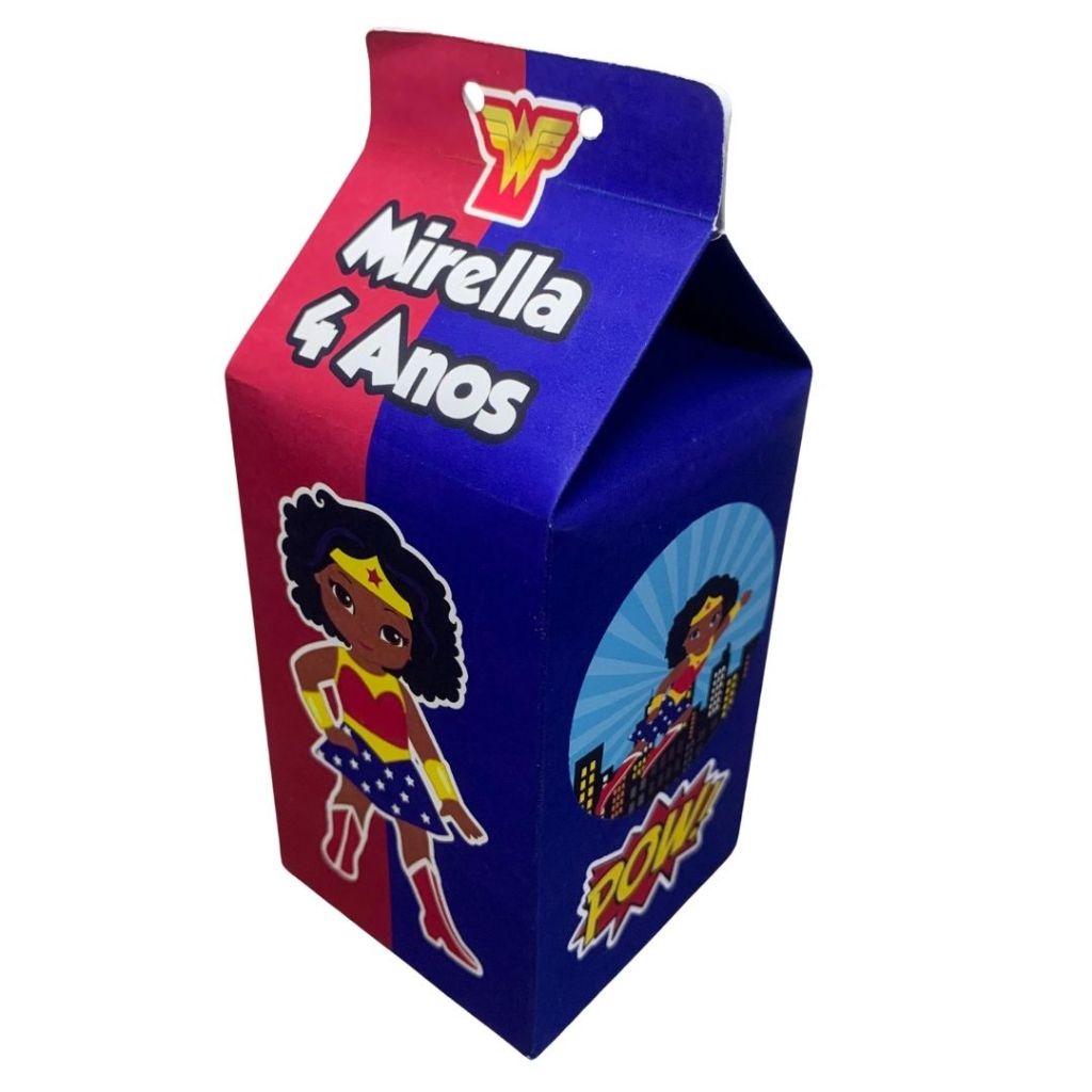 Caixinhas Milk Mulher Maravilha Cute Negra Personalizadas com Nome e Idade Para Festas de Aniversário Lembrancinhas