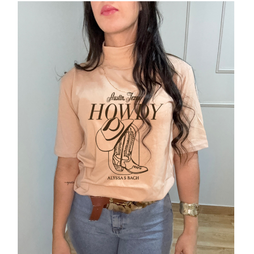 Camiseta Tshirt Feminina Gola Alta Em Algodão Com Elastano Howdy Texas Country Estilosa Confortável Tendência