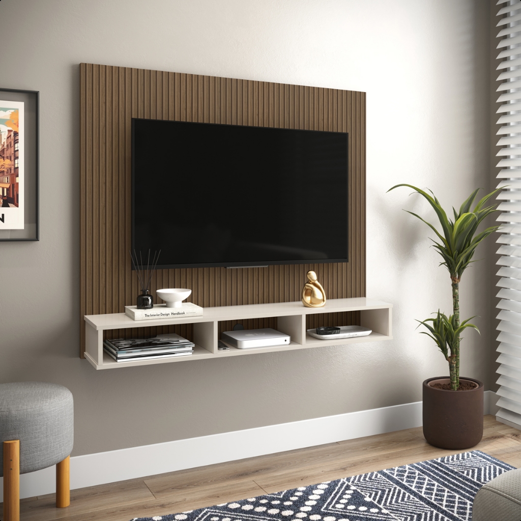 Painel para Tv Smart 50 Polegadas Slim com Nichos e Prateleira Off White/Ripado