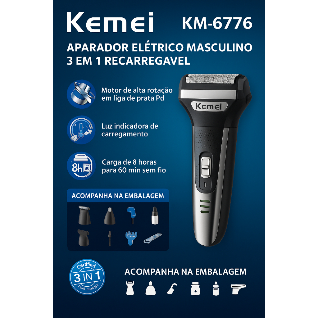 Maquina de corte de cabelo 3 em 1 Kemei KM-6776 presente do dia dos pais barba cabelo e bigode