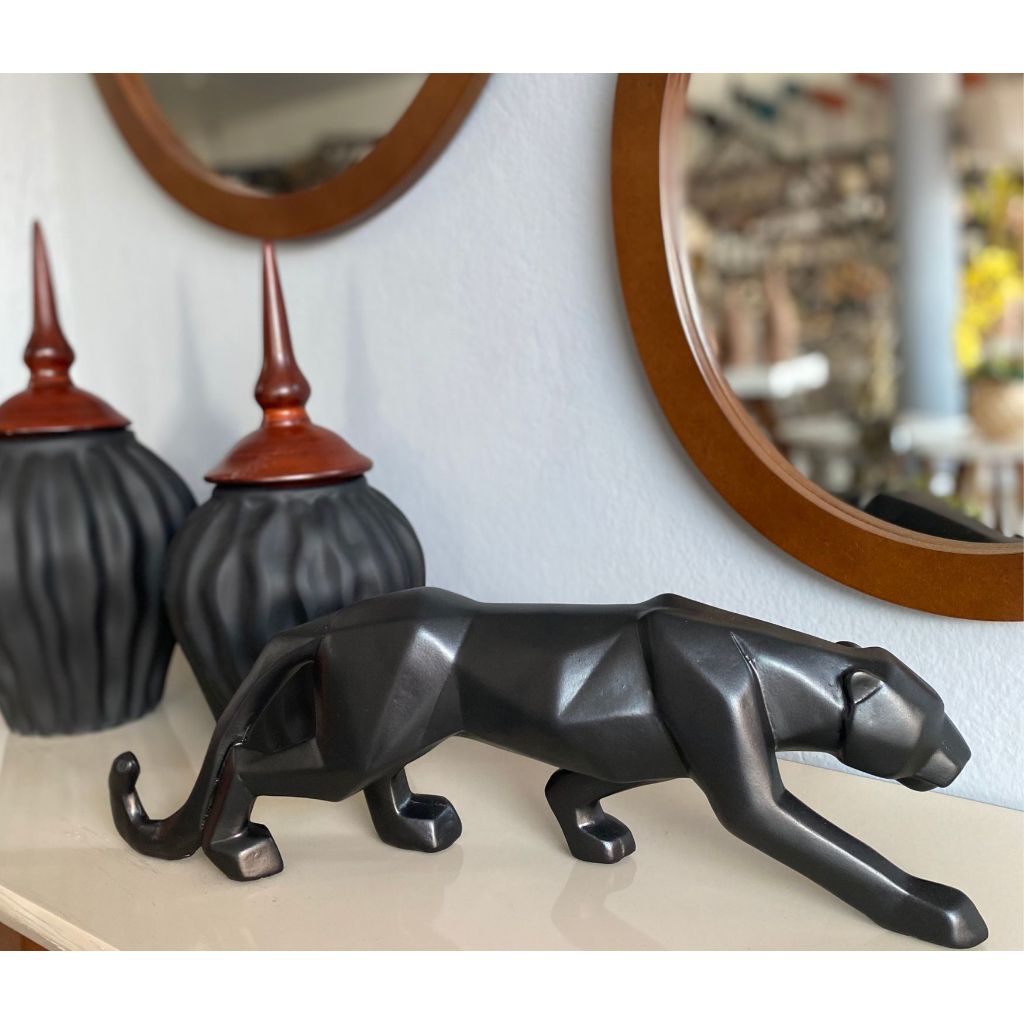 Escultura Pantera 3D geométrica Estatuetas Decoração Preto Fosco