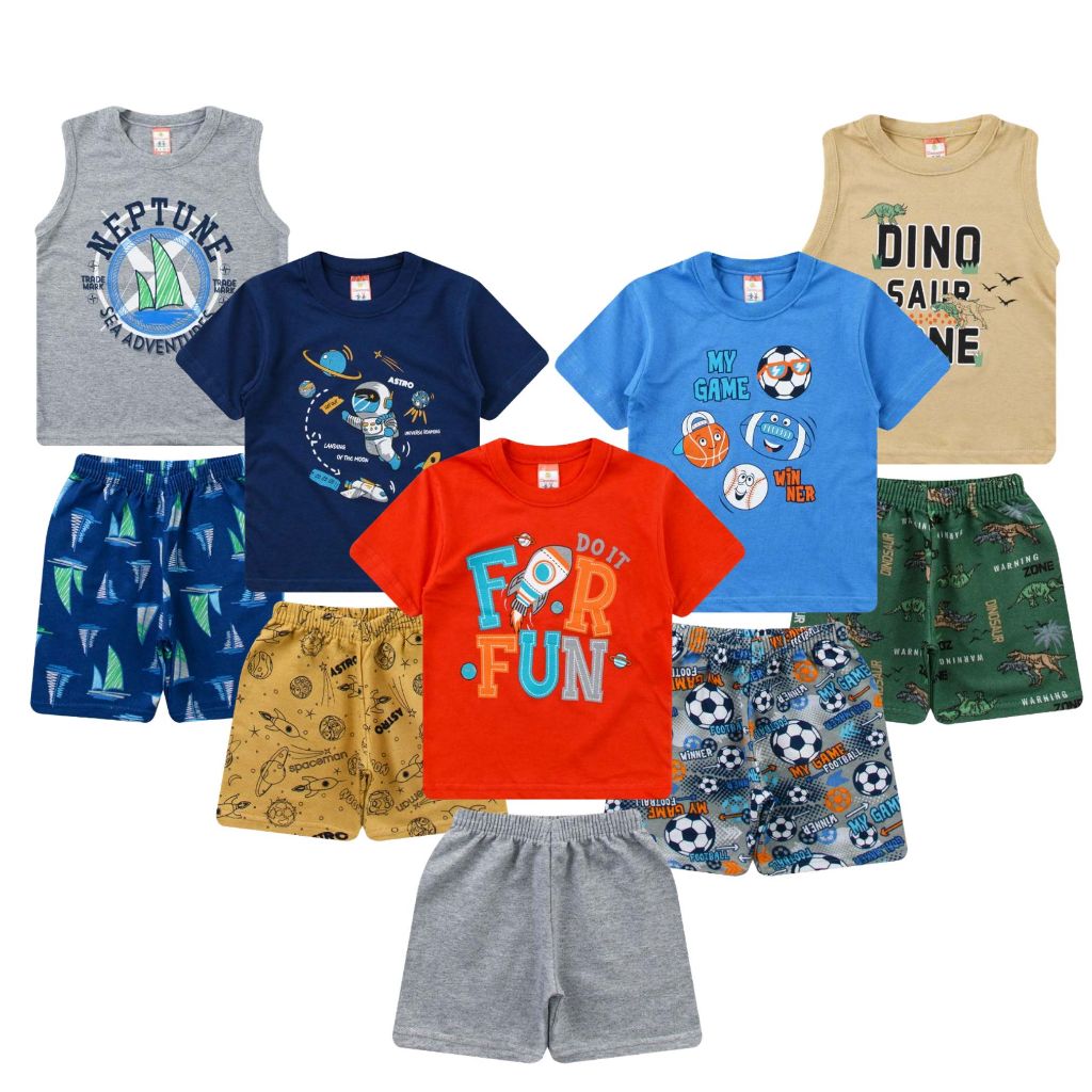 Kit 10 Peças Infantil Verão MENINO 01 ao 08 - 5 Camisetas + 5 Bermudas