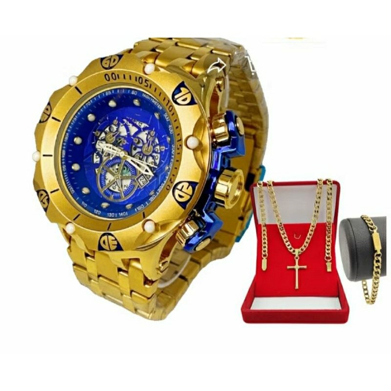 Relógio invicta  Hybrid  banhado a ouro pesado e grande + colar  pingente e pulseira o kit completo na promoção