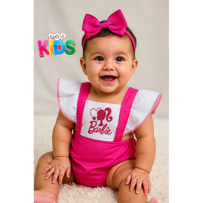 Romper Jardineira Barbie Infantil tematico mesversario menina Book festea fantasia rosa Pink barby barbi Barbie boneca