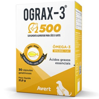 Ograx 500 mg Suplemento para Cães e Gatos Omega-3 Avert 30 Cápsulas Cachorros Ômega 3