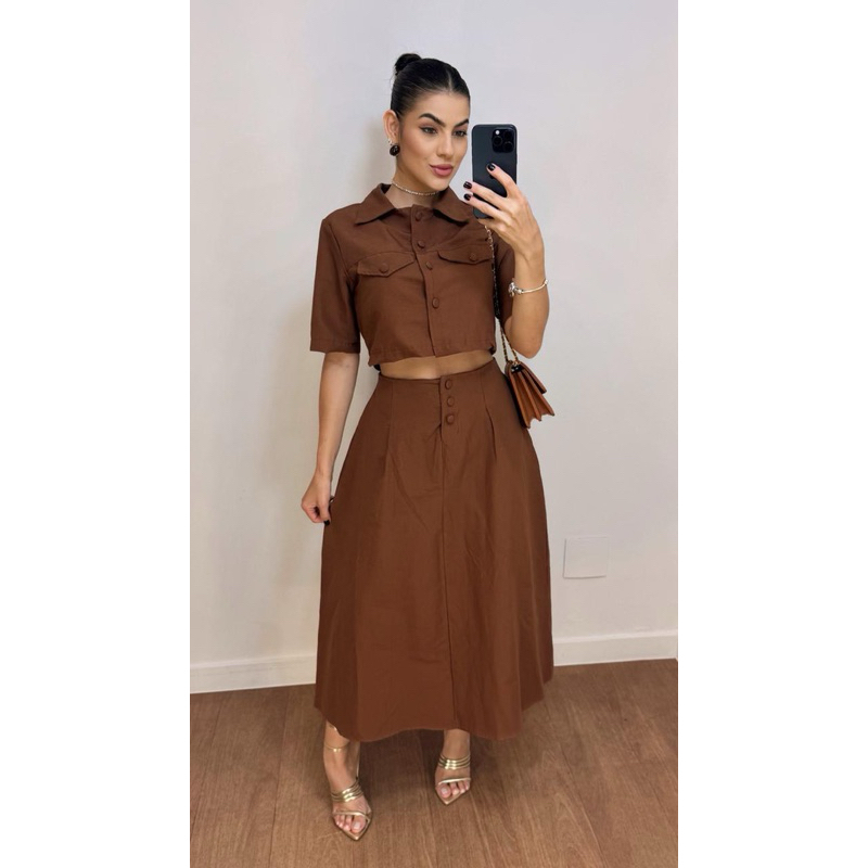 Conjunto Saia Midi Rodada Moda evangélica Longa e Blusa Linho com Botões em Oferta na Shopee