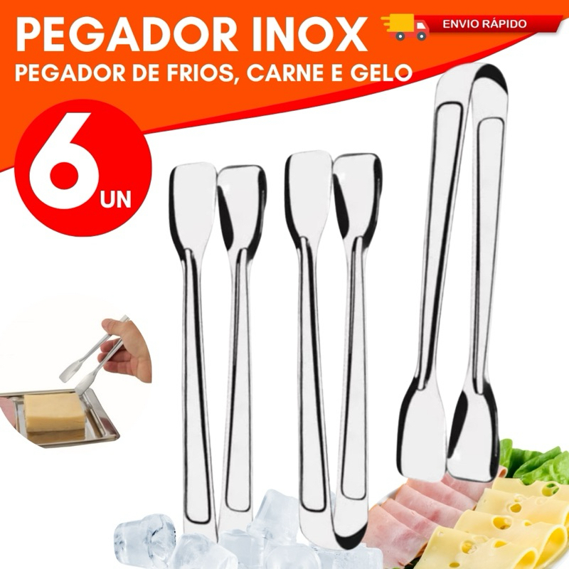 Kit 06 ou 03 Pegador de Frios Gelo Carne Fritura Inox Casa Cozinha Restaurante Buffet Rodizio Fondue
