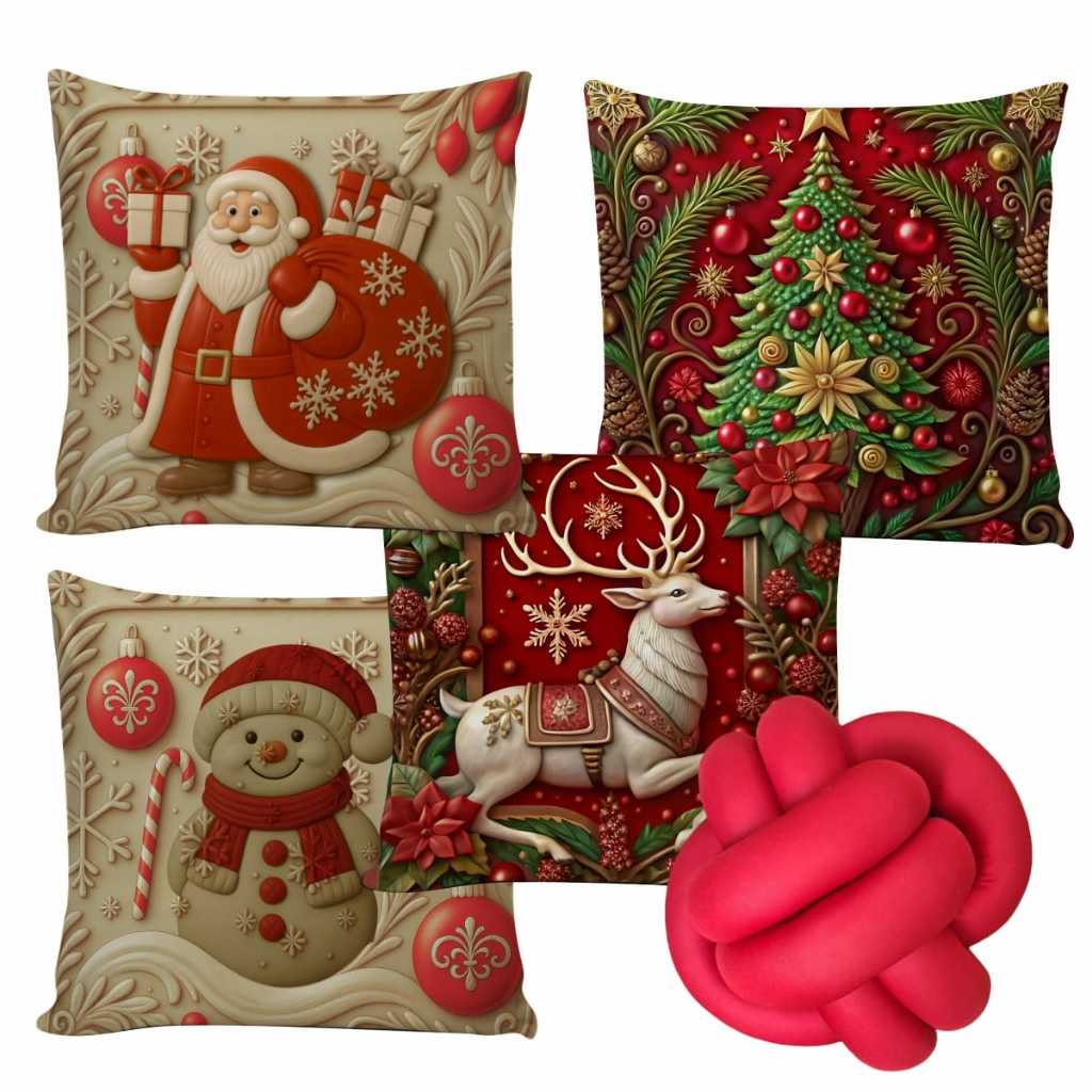 Kit 4 Capas de Almofadas Natalina Decorativas 45x45cm + Almofada de Nó Feliz Natal Quarto Sala