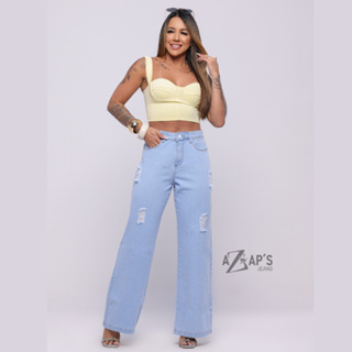 Calca Wide Lag Jeans Pantalona Premium Cintura Alta Delave em Oferta na Shopee