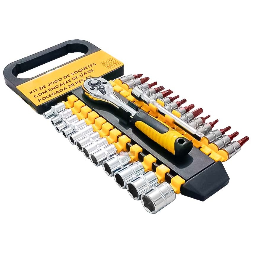 Kit Ferramenta Chave Catraca 1/4 Reversivel Emborrachada Com 28 Peças + Estojo - Jogo de Soquetes e Bits Phillips, Fenda