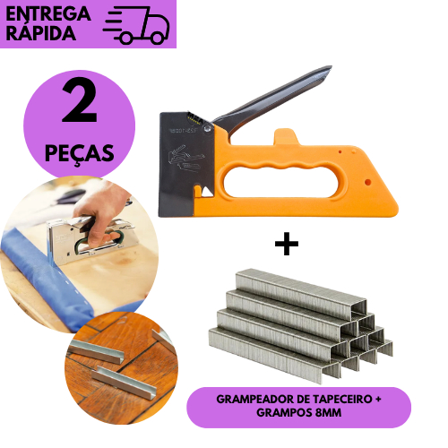 Kit Grampeador Manual Tapeceiro + 1000 Grampos Aço Reforçado Estofado Madeira Cor Preto ou Amarelo