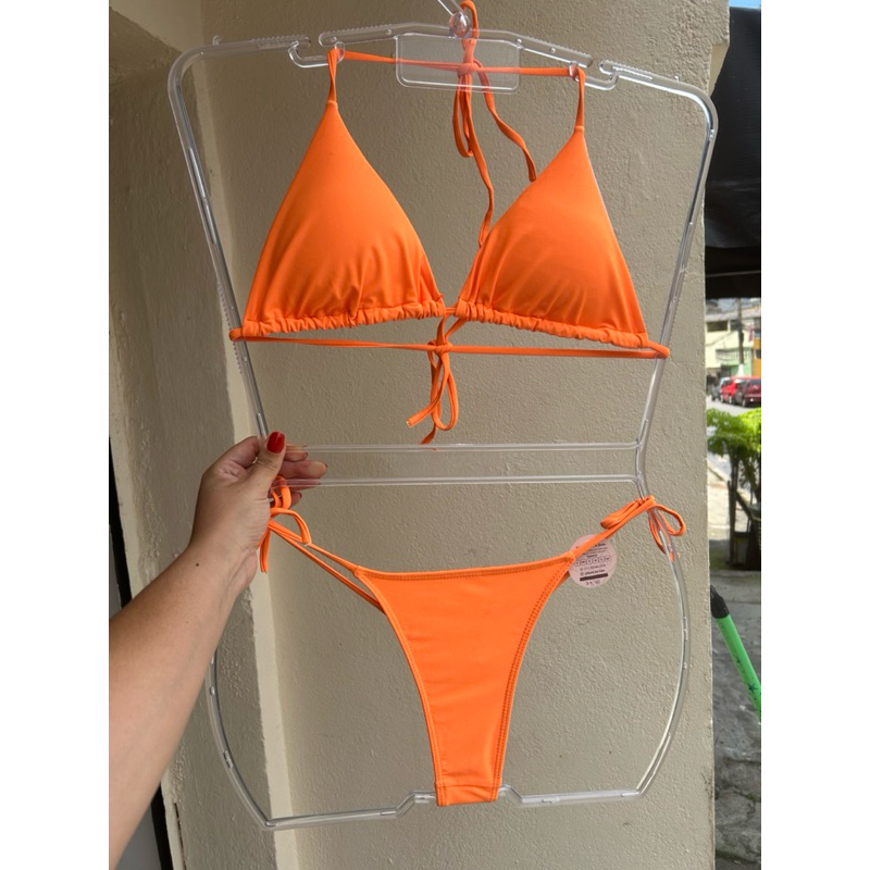 Biquíni Cortininha Fio Dental Ajustável Lacinho Laranja Moda Praia Moda Feminina