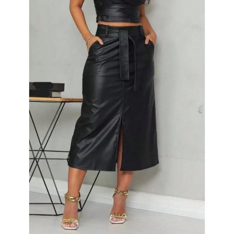 SAIA MIDI FEMININA EM COURINO, COM FENDA E AMARRAÇÃO. NOVA COLEÇÃO 2026 em Oferta na Shopee