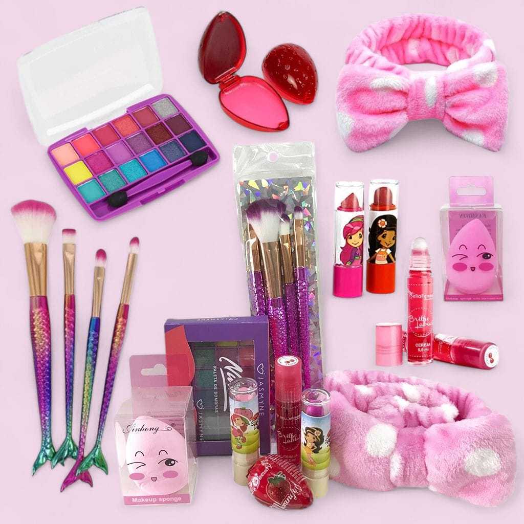 Kit de Maquiagem Infantil Completo Pincel Sereia 11 Itens Total Princesa