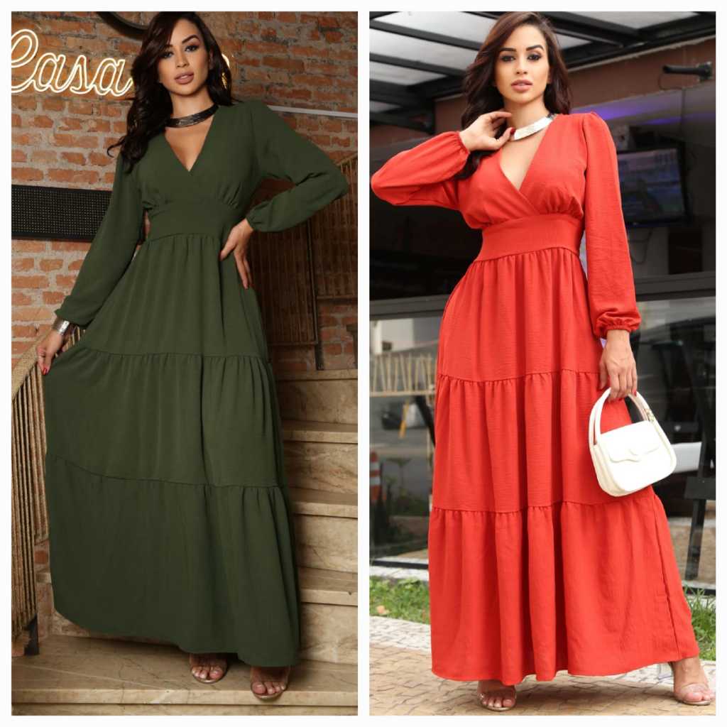 Vestido Feminino Longo decote V manga longa em Oferta na Shopee