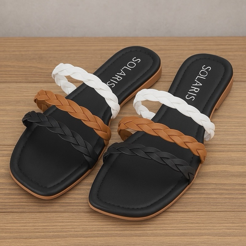 Sandália Feminina Solaris Rasteira Rasteirinha Tiras Trançadas Preto Caramelo Confortável Moda Verão 2025 Ref01